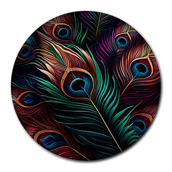 Peacock Feathers Nature Feather Pattern Round Mousepad