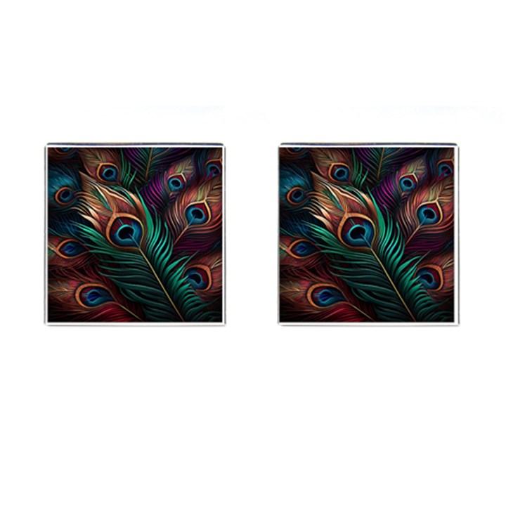 Peacock Feathers Nature Feather Pattern Cufflinks (Square)