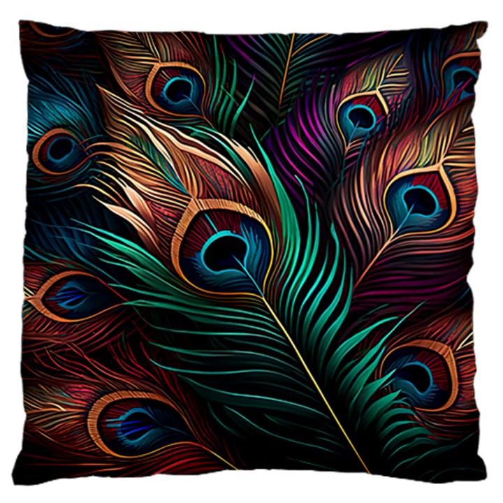 Peacock Feathers Nature Feather Pattern Large Premium Plush Fleece Cushion Case (One Side)