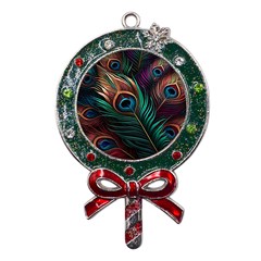 Peacock Feathers Nature Feather Pattern Metal X mas Lollipop With Crystal Ornament