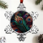 Peacock Feathers Nature Feather Pattern Metal Small Snowflake Ornament Front