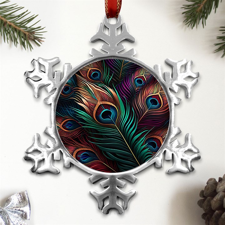 Peacock Feathers Nature Feather Pattern Metal Small Snowflake Ornament