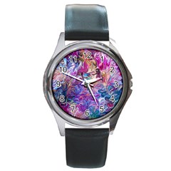 Painted Flames Round Metal Watch by kaleidomarblingart