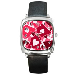 Pink Hearts Pattern Love Shape Square Metal Watch by danenraven