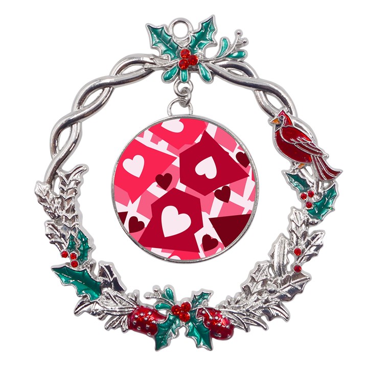 Pink Hearts Pattern Love Shape Metal X mas Wreath Holly leaf Ornament