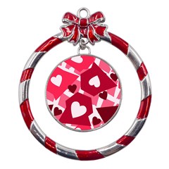 Pink Hearts Pattern Love Shape Metal Red Ribbon Round Ornament by danenraven