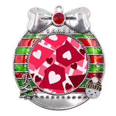 Pink Hearts Pattern Love Shape Metal X mas Ribbon With Red Crystal Round Ornament