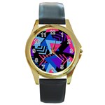 Memphis Pattern Geometric Abstract Round Gold Metal Watch Front