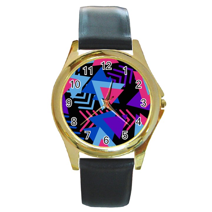 Memphis Pattern Geometric Abstract Round Gold Metal Watch