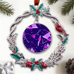 Purple Blue Geometric Pattern Metal X mas Wreath Holly Leaf Ornament