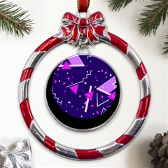 Purple Blue Geometric Pattern Metal Red Ribbon Round Ornament