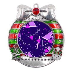 Purple Blue Geometric Pattern Metal X mas Ribbon With Red Crystal Round Ornament