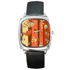 Amber Yellow Stripes Leaves Floral Square Metal Watch by danenraven