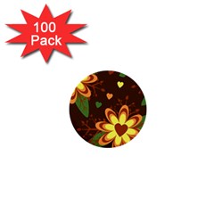 Floral Hearts Brown Green Retro 1  Mini Buttons (100 Pack)  by danenraven