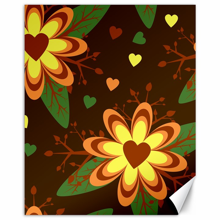 Floral Hearts Brown Green Retro Canvas 11  x 14 