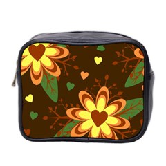 Floral Hearts Brown Green Retro Mini Toiletries Bag (two Sides) by danenraven