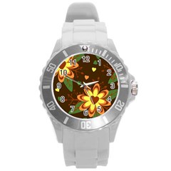 Floral Hearts Brown Green Retro Round Plastic Sport Watch (l) by danenraven