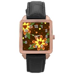 Floral Hearts Brown Green Retro Rose Gold Leather Watch  by danenraven