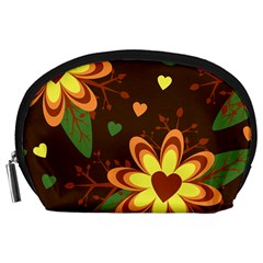 Floral Hearts Brown Green Retro Accessory Pouch (large) by danenraven