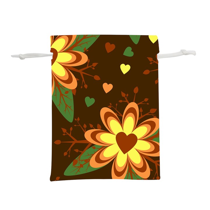 Floral Hearts Brown Green Retro Lightweight Drawstring Pouch (M)