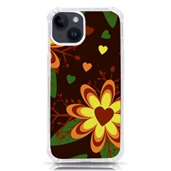 Floral Hearts Brown Green Retro Iphone 14 Tpu Uv Print Case by danenraven