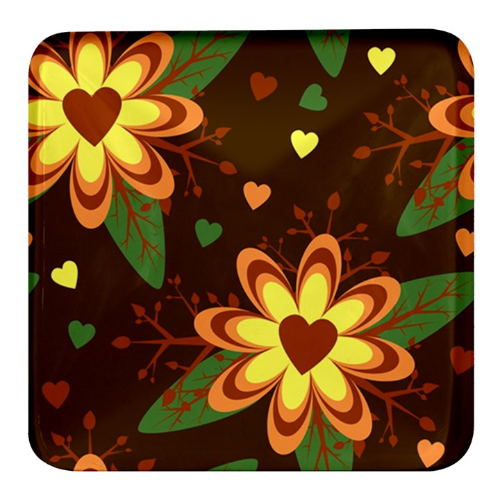 Floral Hearts Brown Green Retro Square Glass Fridge Magnet (4 pack)