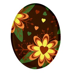 Floral Hearts Brown Green Retro Oval Glass Fridge Magnet (4 Pack)