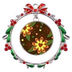 Floral Hearts Brown Green Retro Metal X mas Wreath Ribbon Ornament by danenraven