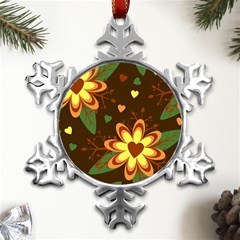 Floral Hearts Brown Green Retro Metal Small Snowflake Ornament