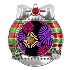 Seamless Halloween Day Of The Dead Metal X mas Ribbon With Red Crystal Round Ornament