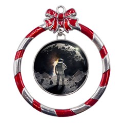 Astronaut Space Walk Metal Red Ribbon Round Ornament by danenraven