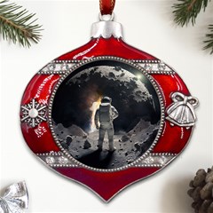 Astronaut Space Walk Metal Snowflake And Bell Red Ornament by danenraven