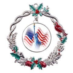 Statue Of Liberty And Usa Flag Art Metal X mas Wreath Holly Leaf Ornament