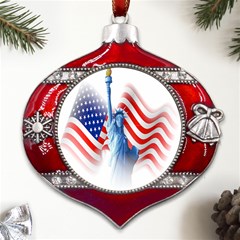 Statue Of Liberty And Usa Flag Art Metal Snowflake And Bell Red Ornament