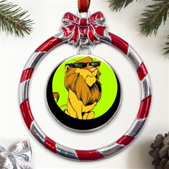 Lion Cartoon Parody Metal Red Ribbon Round Ornament