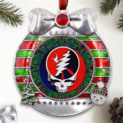 Grateful Dead Pattern Metal X mas Ribbon With Red Crystal Round Ornament