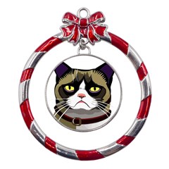 Grumpy Cat Metal Red Ribbon Round Ornament by Mog4mog4