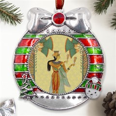 Egyptian Design Man Artifact Royal Metal X mas Ribbon With Red Crystal Round Ornament by Mog4mog4