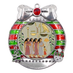 Egyptian Paper Women Child Owl Metal X mas Ribbon With Red Crystal Round Ornament by Mog4mog4