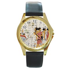 Egyptian Design Men Worker Slaves Round Gold Metal Watch by Mog4mog4