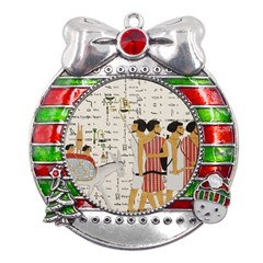 Egyptian Design Men Worker Slaves Metal X mas Ribbon With Red Crystal Round Ornament by Mog4mog4