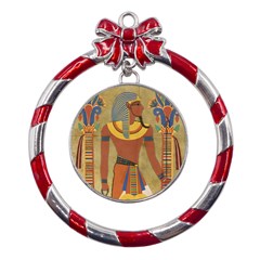 Egyptian Tutunkhamun Pharaoh Design Metal Red Ribbon Round Ornament by Mog4mog4