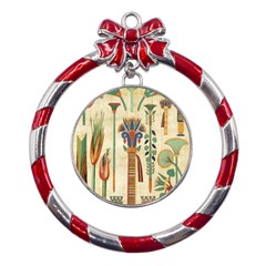 Egyptian Paper Papyrus Hieroglyphs Metal Red Ribbon Round Ornament by Mog4mog4