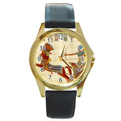 Egyptian Tutunkhamun Pharaoh Design Round Gold Metal Watch by Mog4mog4