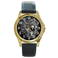 Lion Furious Abstract Desing Furious Round Gold Metal Watch by Mog4mog4