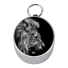 Roar Angry Male Lion Black Mini Silver Compasses by Mog4mog4