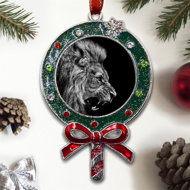 Roar Angry Male Lion Black Metal X Mas Lollipop with Crystal Ornament