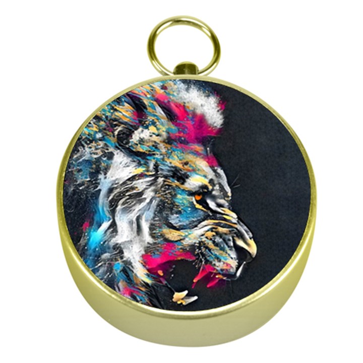 Angry Male Lion Roar Gold Compasses