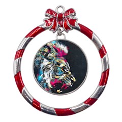 Angry Male Lion Roar Metal Red Ribbon Round Ornament by Mog4mog4