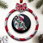 Angry Male Lion Roar Metal Red Ribbon Round Ornament Front